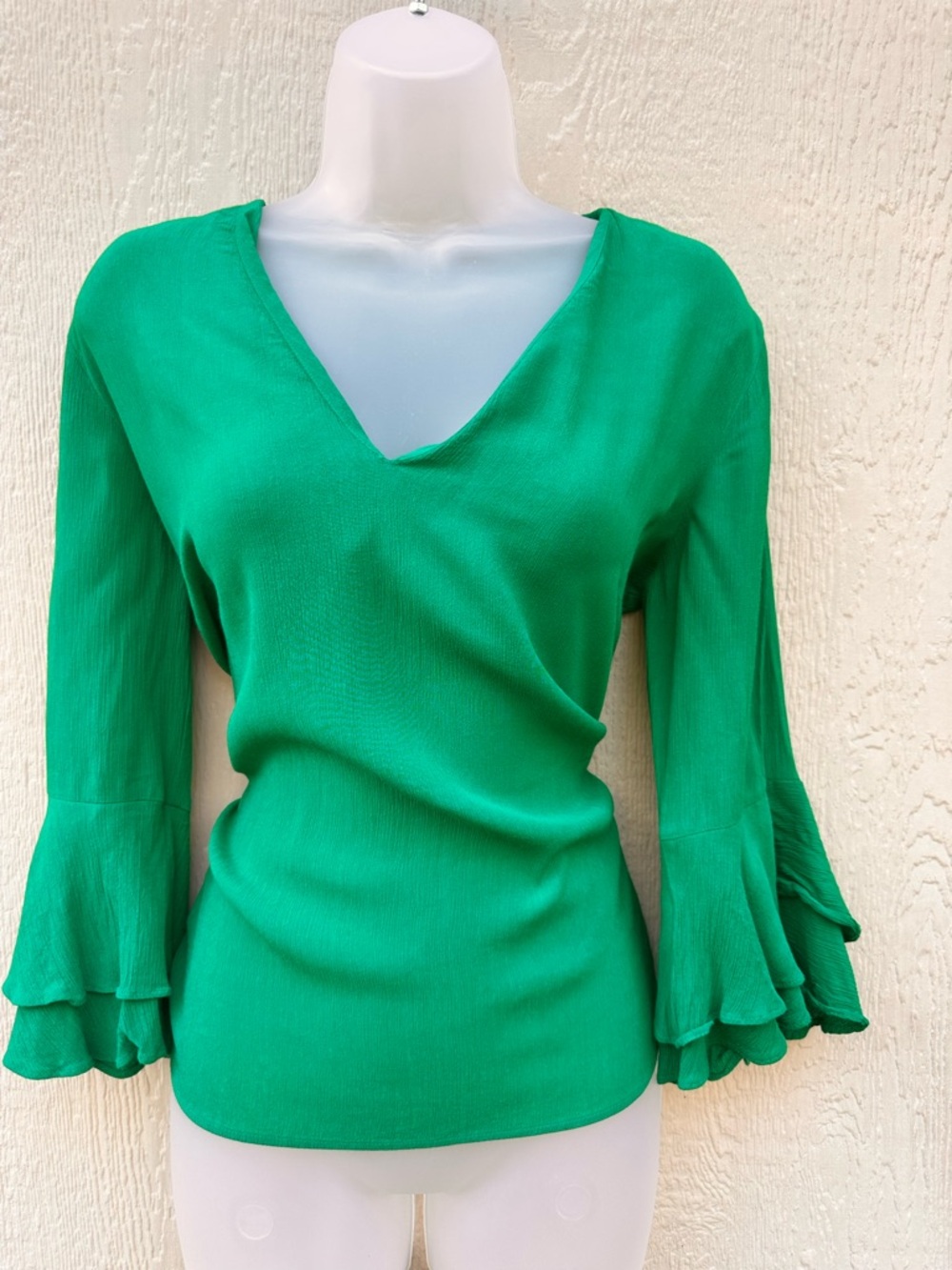 Zara Green V-Neck Ruffle Sleeve Blouse